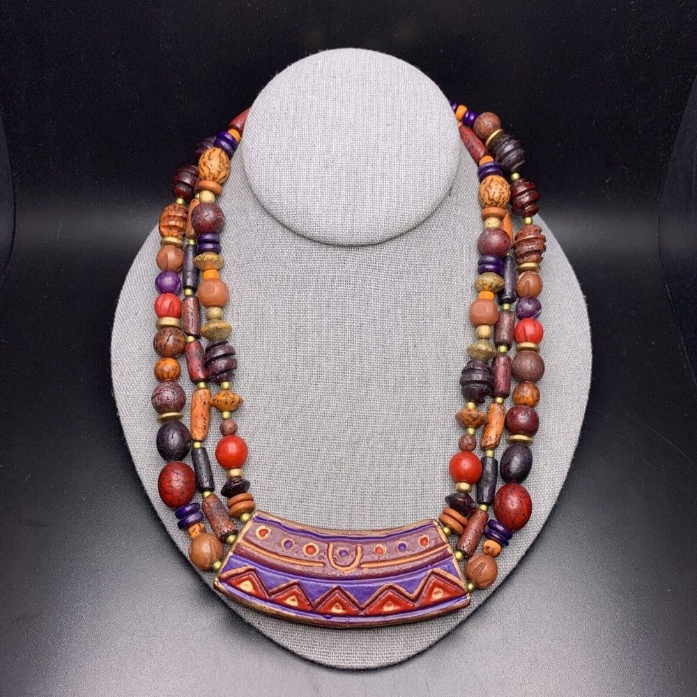 Multicolor Chunky Necklace Vintage Beaded Multi Strand Pendant Art Abstract Look